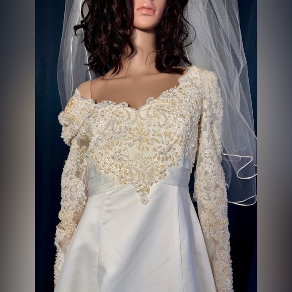 Ivory Off-Shoulder Wedding Dress with Gold Embroidery + Veil & Bouquet - Picture 6 of 16